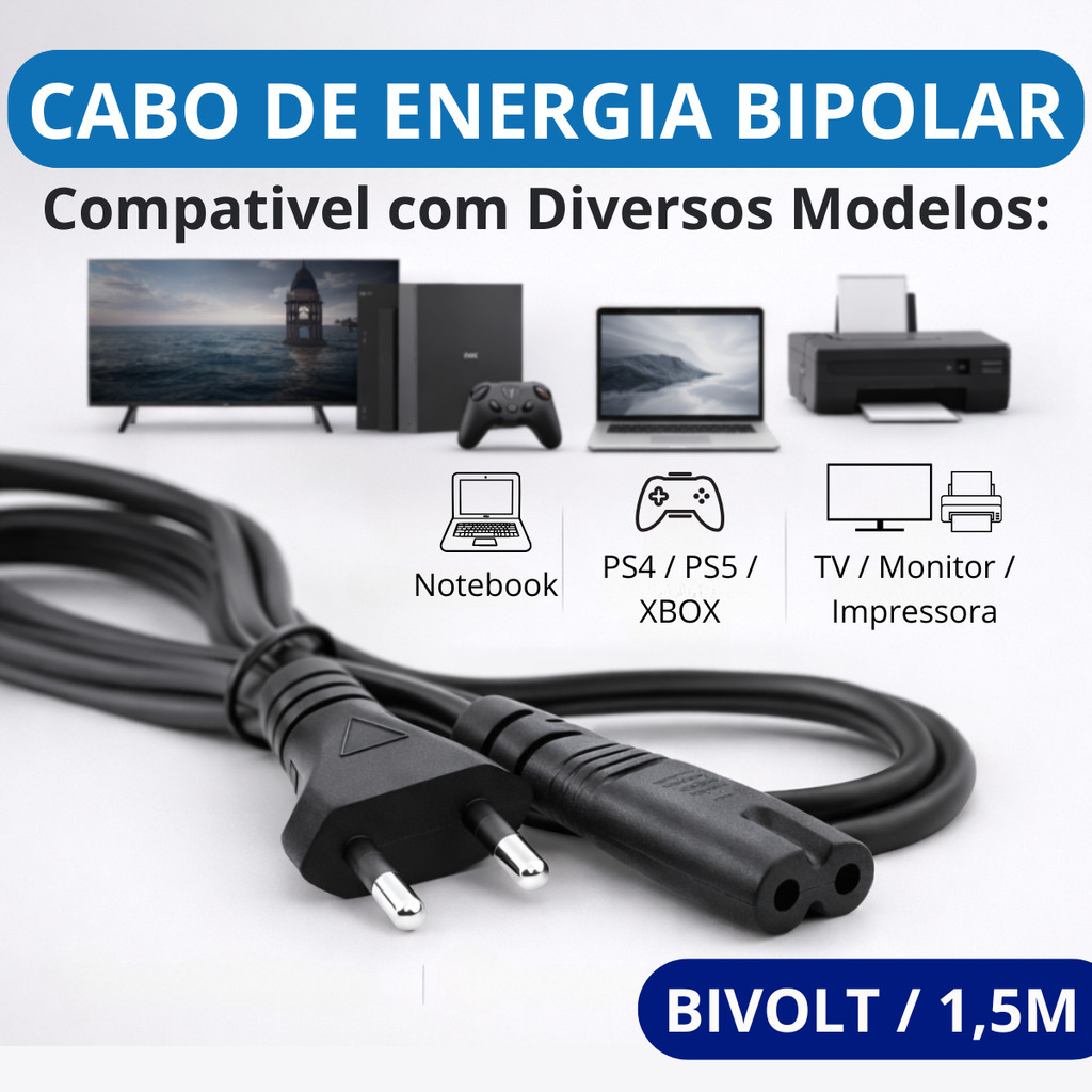 Cabo de Energia Bipolar Universal Bivolt 2PinosCompativel TV Monitor PS4 PS5 Xbox Notebook Qualidade em Oferta na Shopee