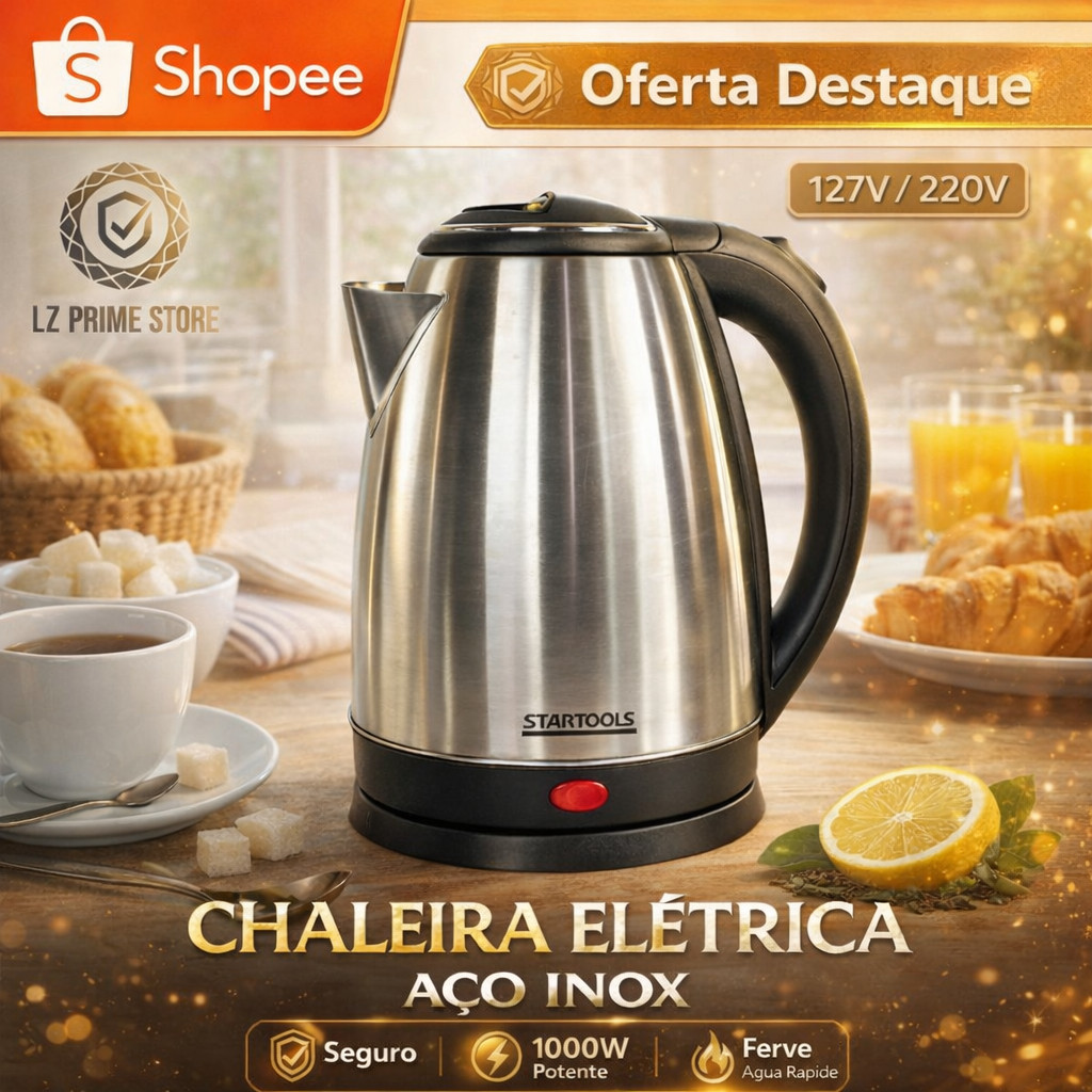 Chaleira Elétrica Inox 2L 110V/220V Base 360 Desligamento Automático Ferve Água Rápido Potente