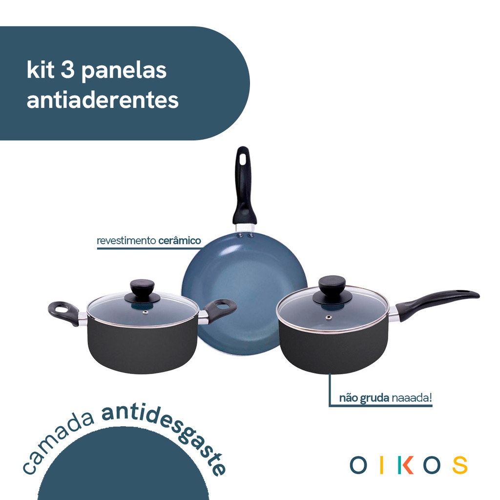 jogo de panelas 3 pçs antiaderentes de cerâmica e alumínio - oikos — imagem 2 de 2