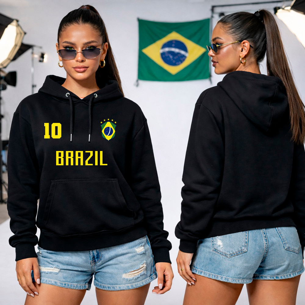 Moletom Feminino Brasil Copa Do Mundo Futebol Look Casual Blusa De Frio Com Capuz Algodão Premium