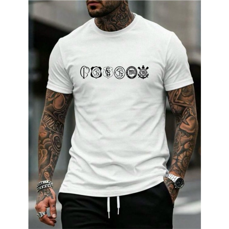 Camiseta 100% Algodão Unissex Futebol Time Corinthians Paulista CP Preta e Branca Casual