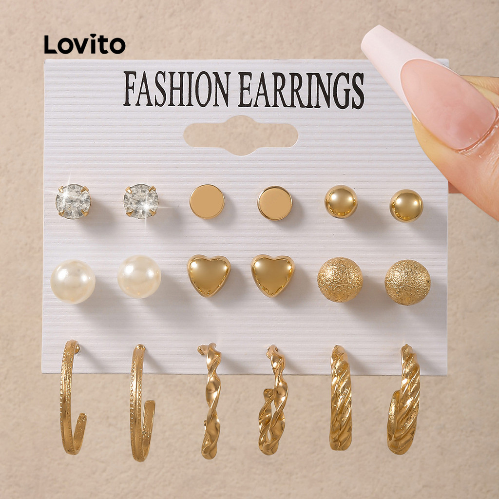 Lovito Conjunto De Brincos Elegantes Estilo Coreano Versátil Brincos Dourados LFA114099