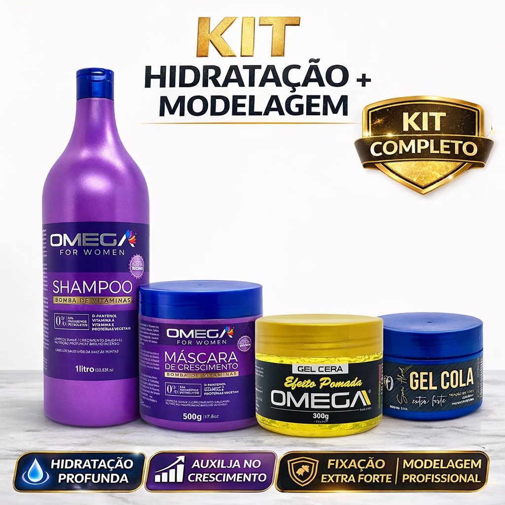 Kit Bomba de Vitamina Omega Shampoo e mascara Ômega + Gel Cola e Gel Efeito Pomada
