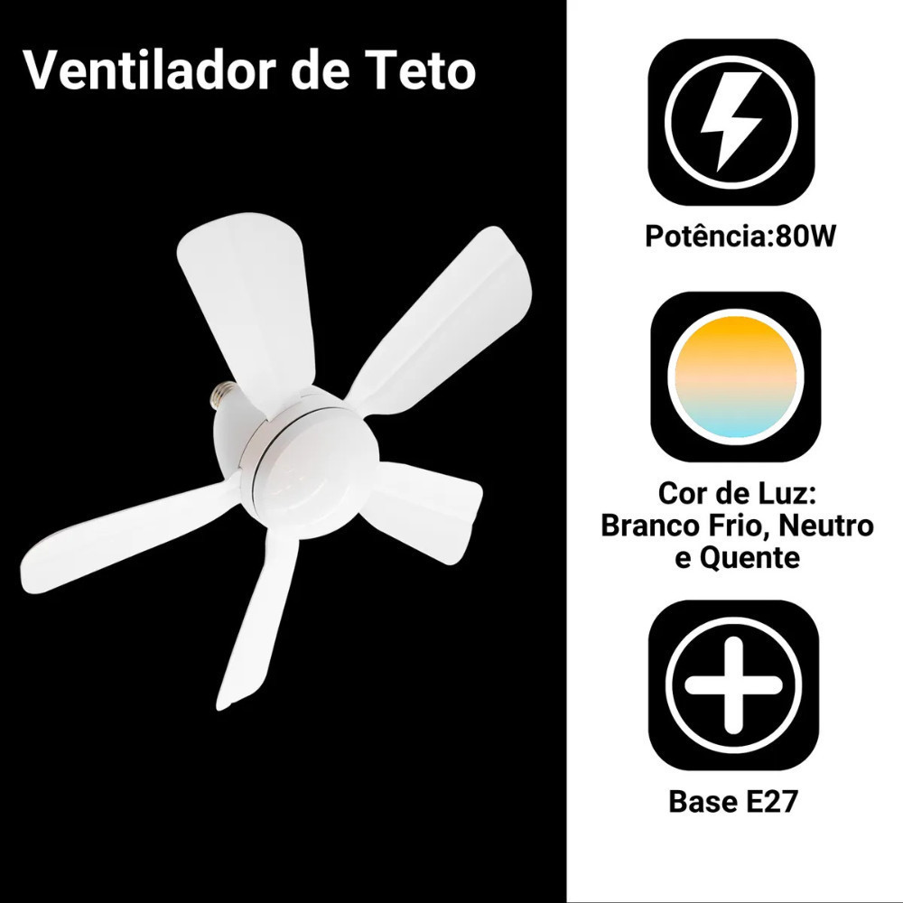 Ventilador 80w Com Lâmpada Bivolt Luminária de Teto 5 Pás LED 3 Cores E27 com Controle Função Timing