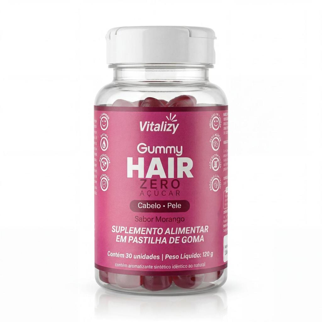 Gummy Hair Vitamina Cabelo Pele Unhas com Biotina Crescimento Capilar 30 Gomas Morango Zero Açúcar Vitalizy Original em Oferta na Shopee