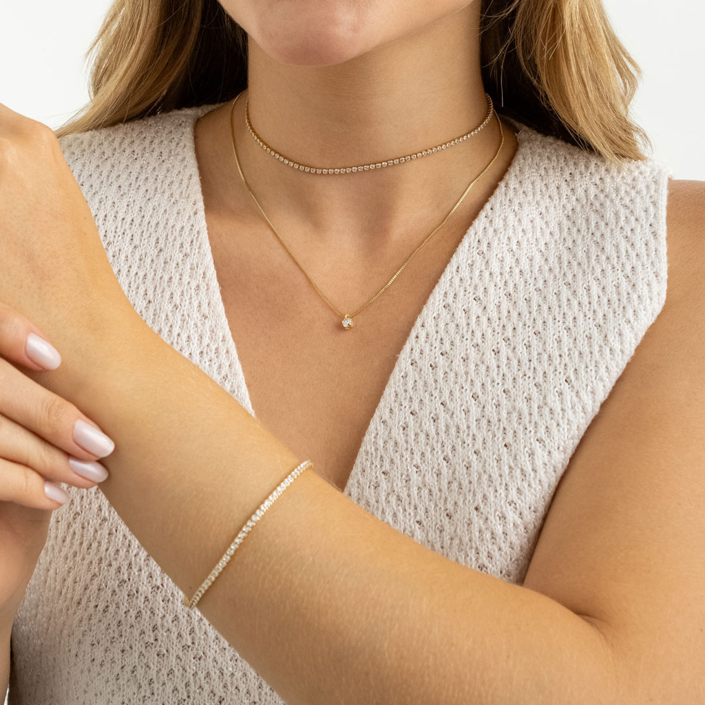Mix Kit Colar Ponto de Luz, Choker Riviera e Pulseira Banhado a Ouro 18K - D France Semijóias