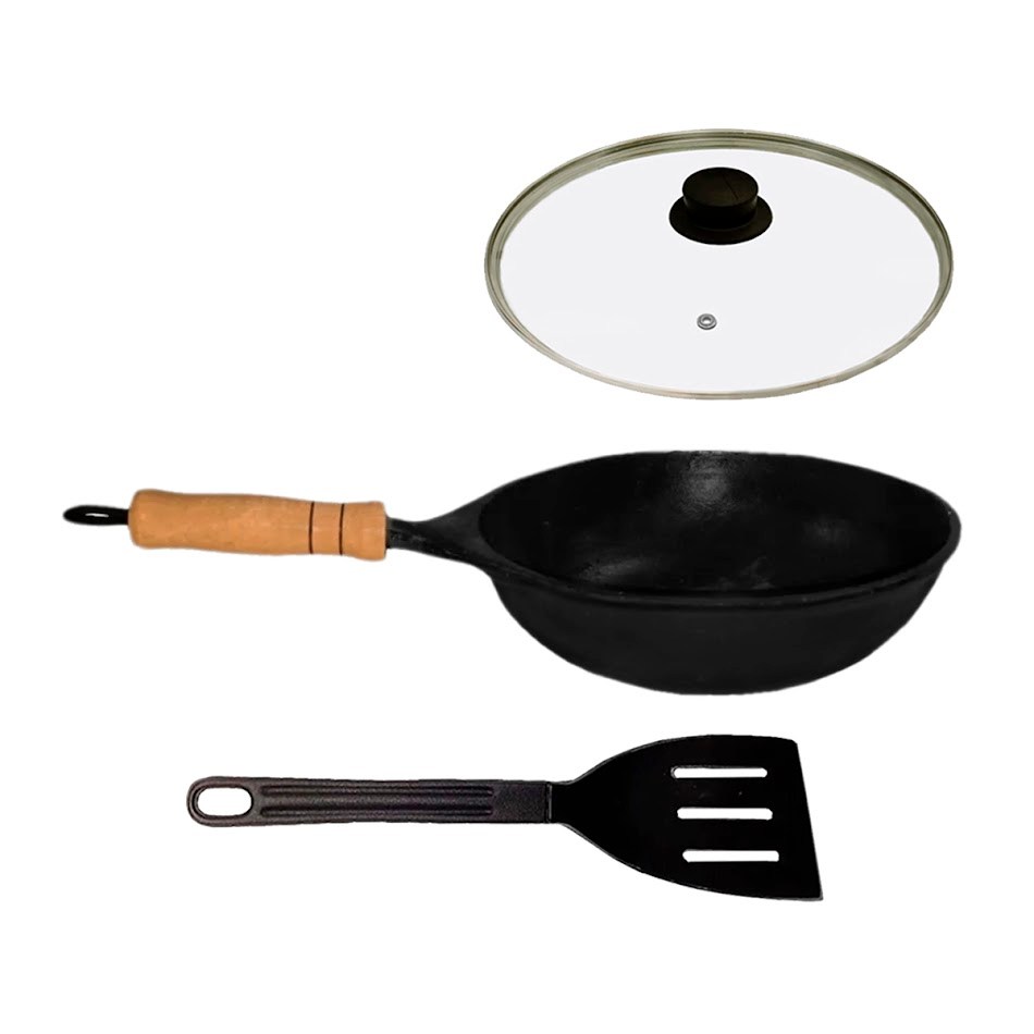 Frigideira Wok Antiaderente Cabo Tampa Vidro 32cm e Espátula
