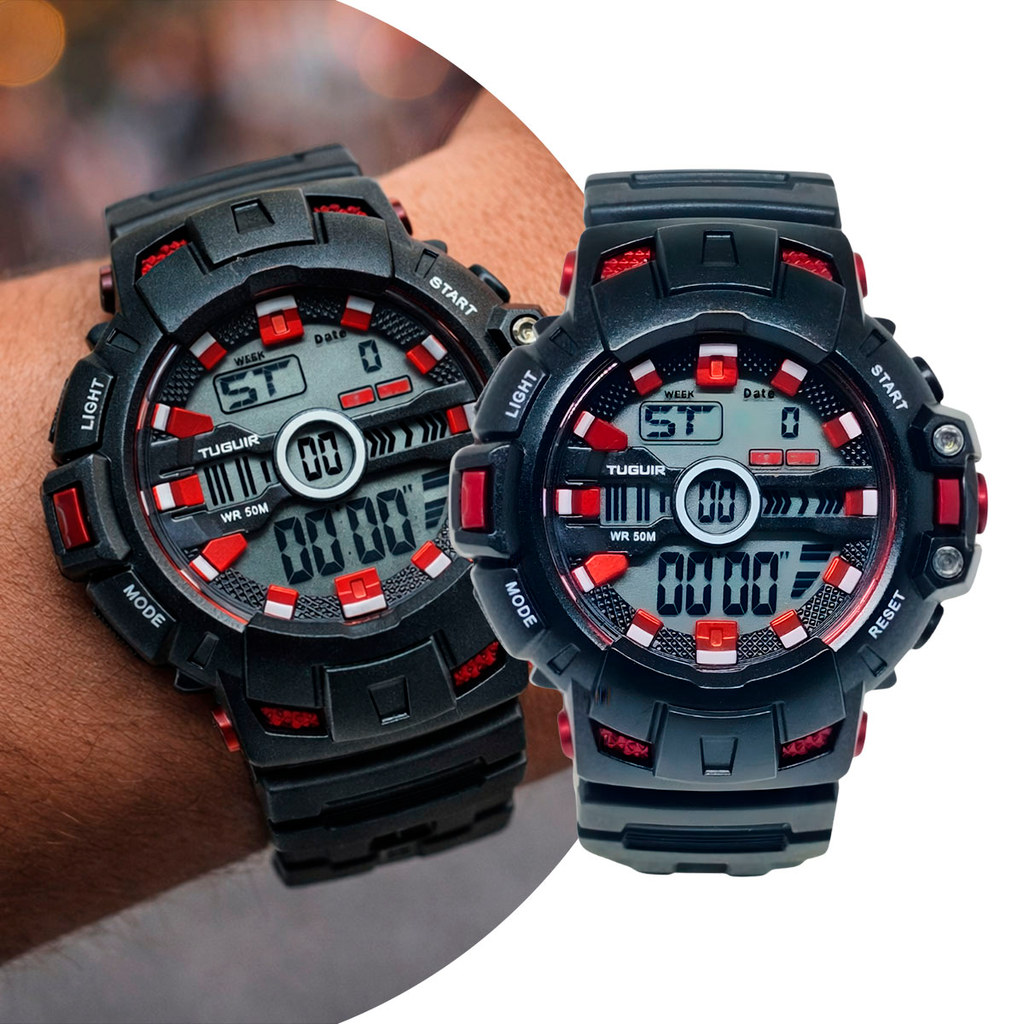 Relógio Masculino Digital de Pulso Preto e Vermelho com Pulseira de Silicone à Prova D Água Shock Militar Tático Tuguir