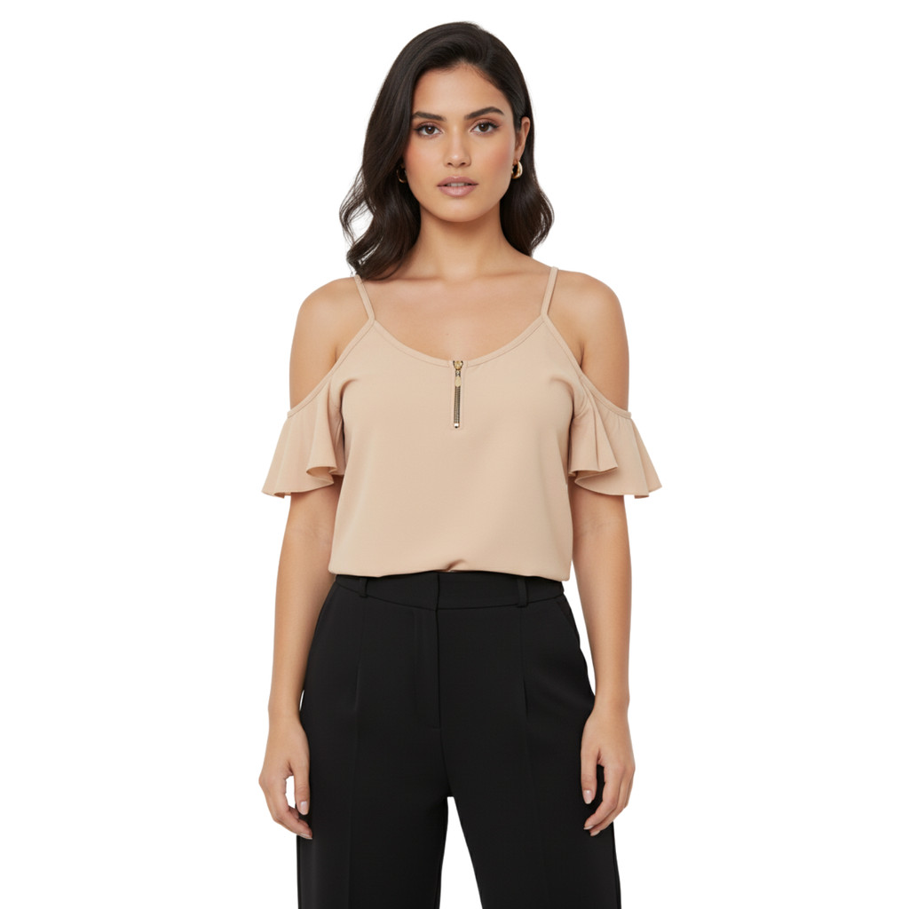 Blusa Babado Alça Fina Zíper Dourado Casual em Oferta na Shopee