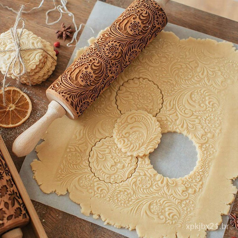 Rolo de relevo de madeira com motivos natalinos para biscoitos de cozinha, macarrão, fondant, massa de floco de neve