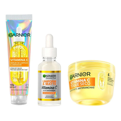 Kit Skincare Garnier Vitamina C Completo Sabonete Gel Serum Facial Creme Hidratante Uniform e Matte