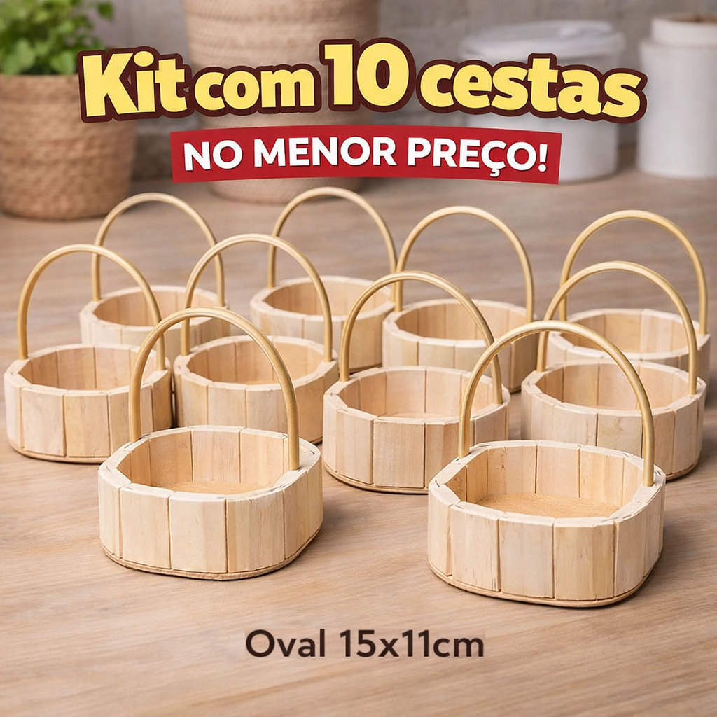 Kit 10 Cestas de Madeira Fraldeira Oval c/ Alça 15x11cm em Oferta na Shopee