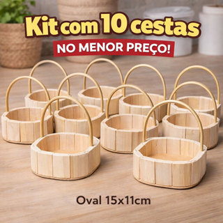 Kit 10 Cestas de Madeira Fraldeira Oval c/ Alça 15x11cm em Oferta na Shopee