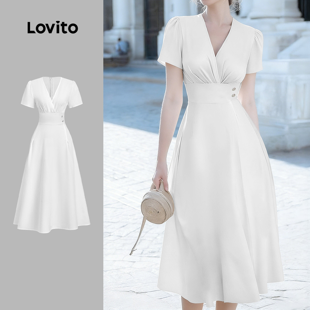 Lovito Elegante Vestido com Zíper e Botão Branco Primavera/verão para mulheres L178LD2049