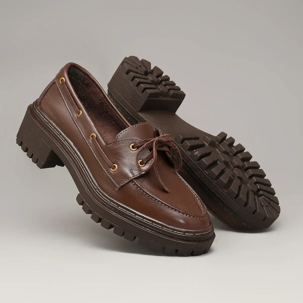 Sapato Mocassim Feminino Couro Legítimo Tratorado Loafer Salto 5cm Blogueira Tendência Confortável Luxo Envio Imediato