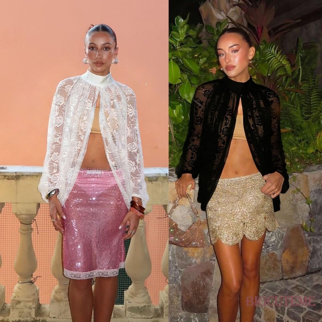 [] Blusa Feminina De Renda Floral Com Capa Transparente , Gola Alta , Manga Balão , Saída Frontal Aberta