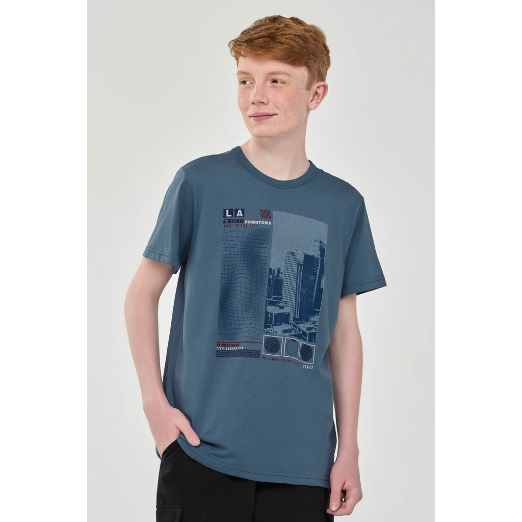 Camiseta Juvenil Menino Estampa Urbana Beats Azul