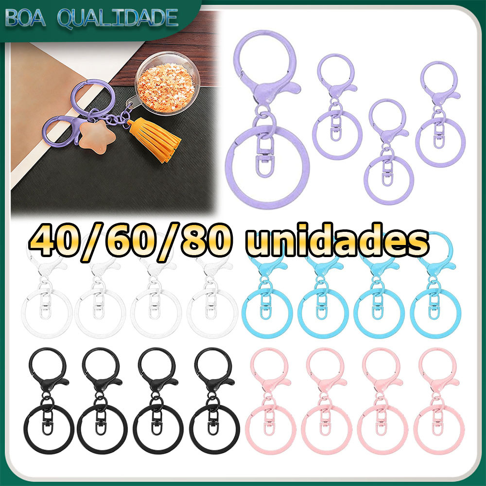 Kit 40/60/80 Fecho tipo lagosta chaveiro de metal gancho giratório argola plana dividida acessórios para chaveiros DIY