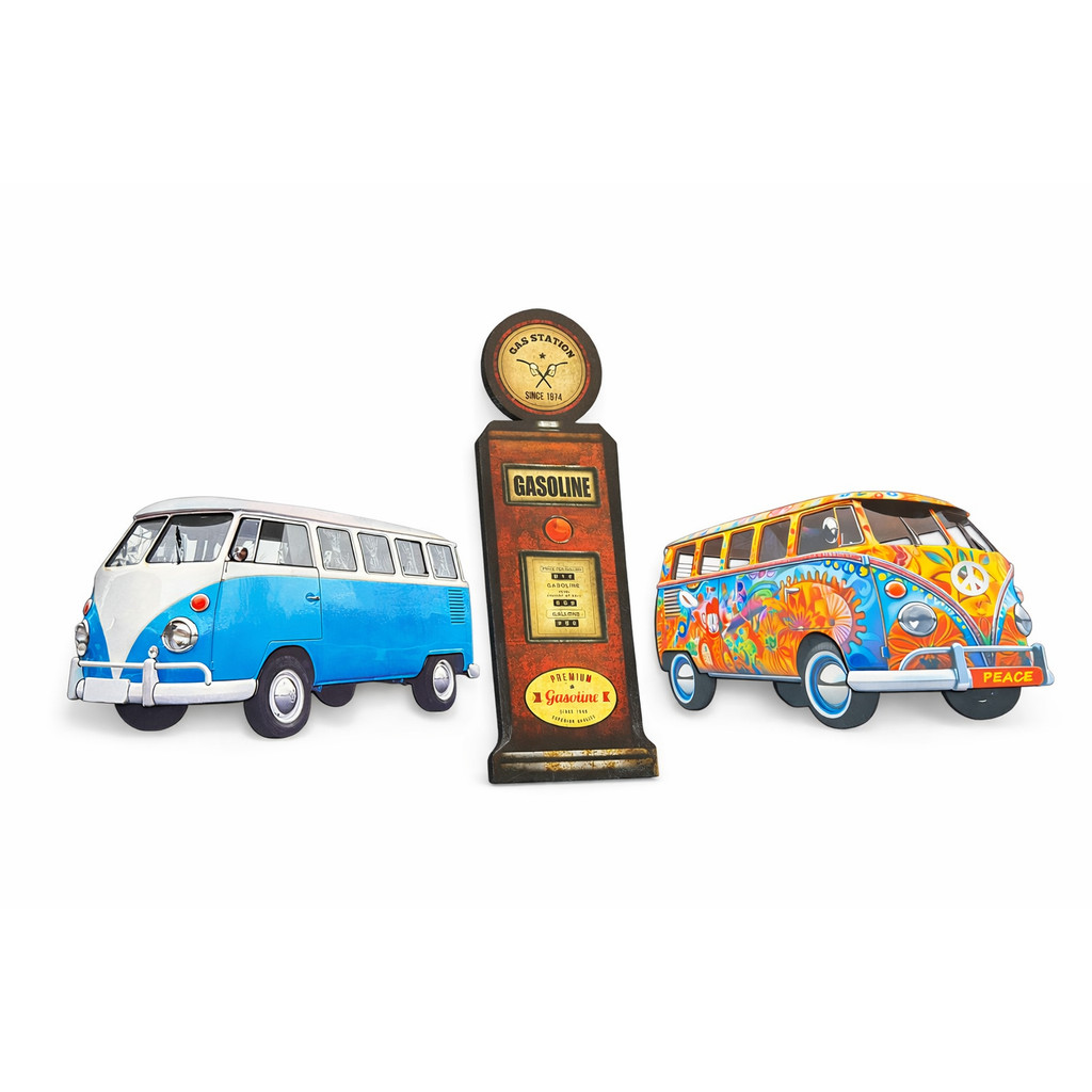 Placas MDF Decorativas Kombi Azul + Hippie Gas Station Kit 3