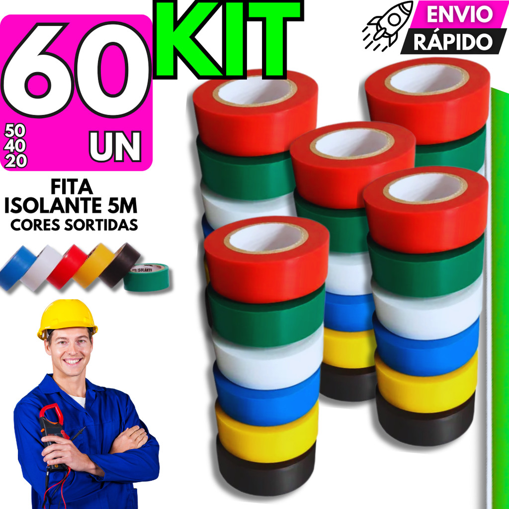 Fita Isolante Colorida Antichama Kit 60/50/40/20 Adesiva Fio Isolamento Construção Reparo Eletrica