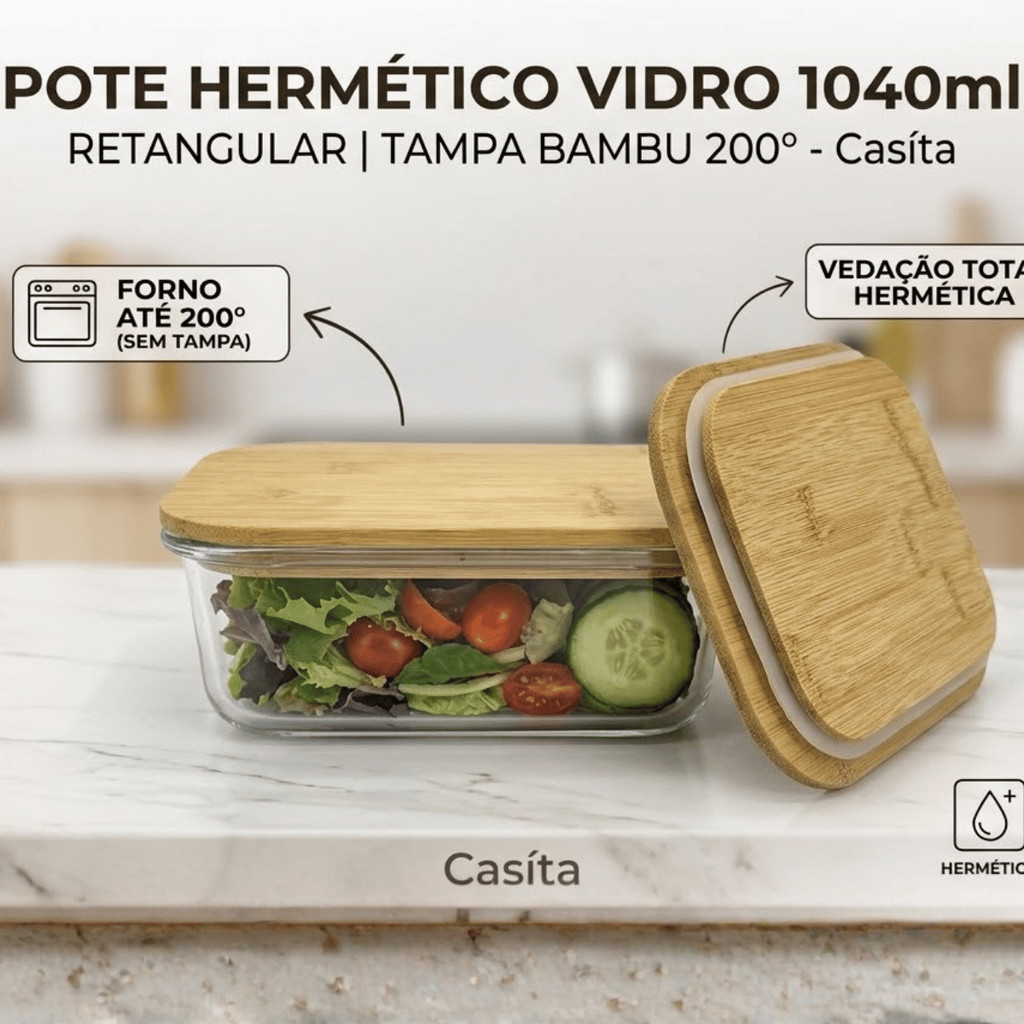 Pote Hermético Vidro 1040ml Retangular Tampa Bambu 200° - Casíta / Organizador Marmita Forno Microondas Freezer Hermétic