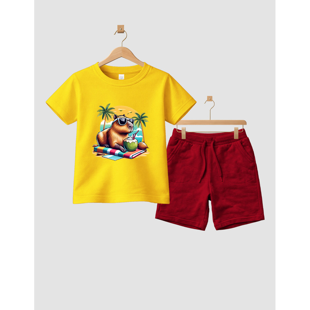 Camiseta Short Conjunto Infantil Capivara Praia Em Algodão Conjunto De Bermuda Juvenil Conjunto De Bermuda Juvenil