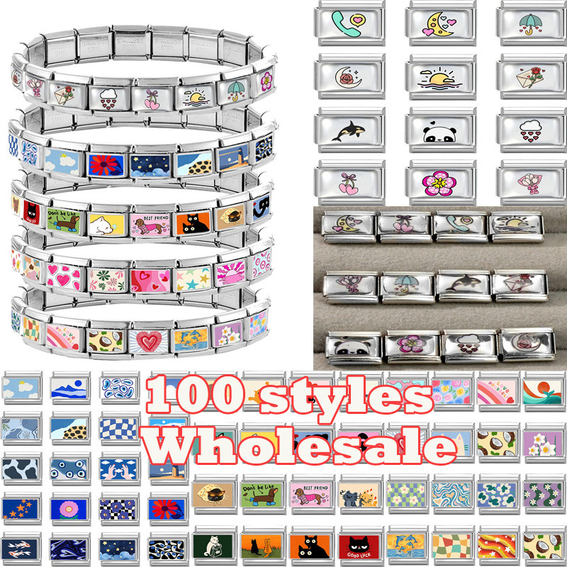Y2k Colorido Estrela Coração Lua Arco-Íris Italiano Charme Links Caber 9mm Pulseira De Aço Inoxidável Feminino DIY Fazen