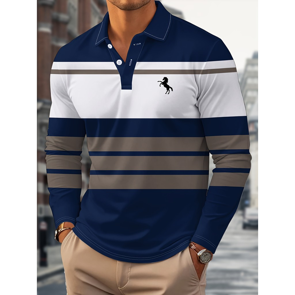 Camisa Masculina Manga Longa – Polo Formal Casual Golf and Business Preto/Cinza/Branco Com Estampa Listrada