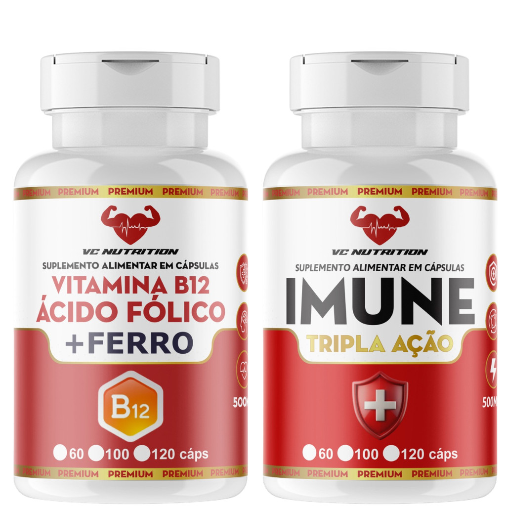 KIT - B12 Metilcobalamina, ácido fólico, ferro + Vitamina C, D, e zinco 120 cápsulas cada pote, imunidade e energia
