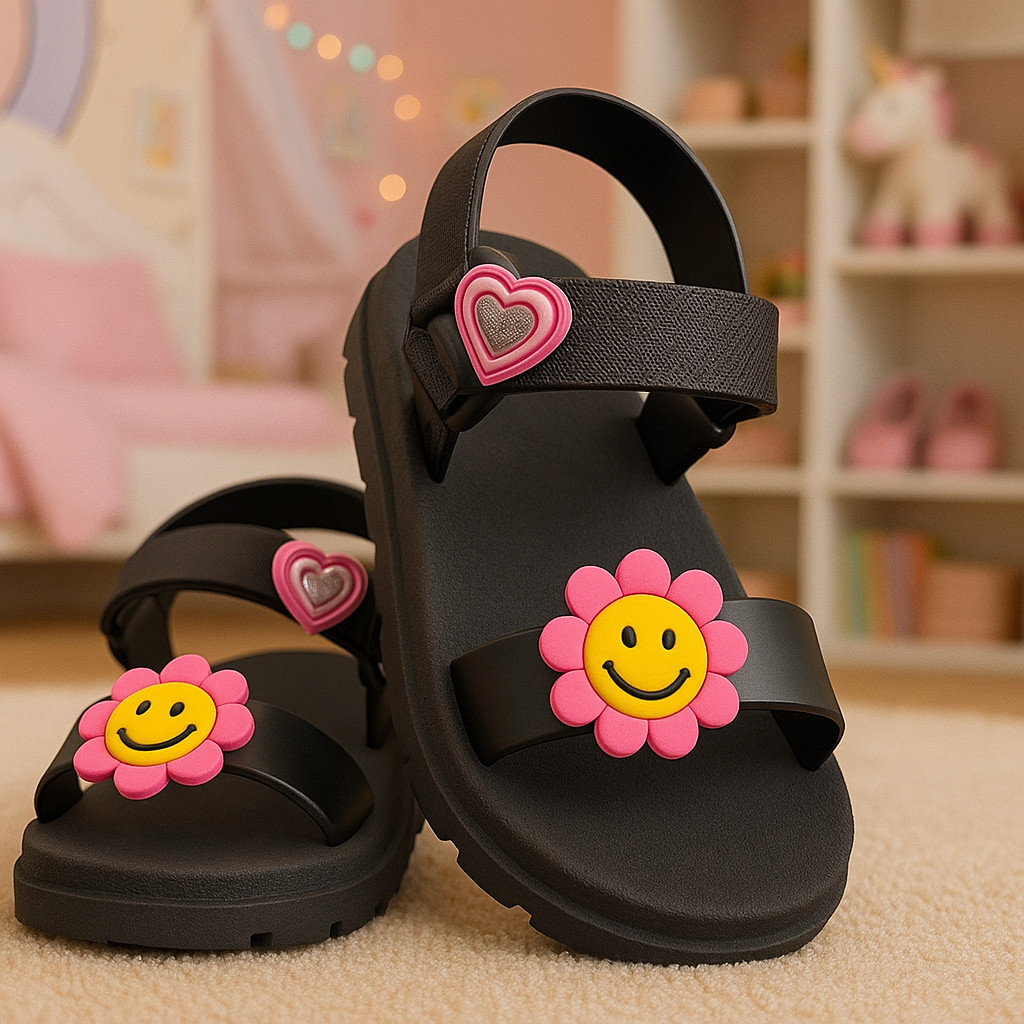 Sandália Infantil Menina Flor Sorriso Coração Papete Velcro Feminina Criança Leve Confortável Antiderrapante