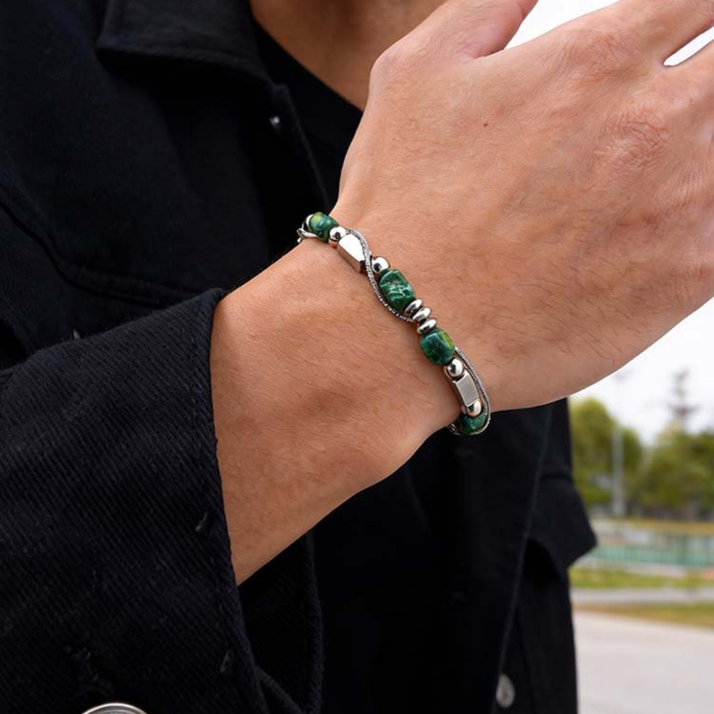 Pulseira De Contas Feitas À Mão Vnox Com Pedra Natural Para Homens, Aço Inoxidável De Camada Dupla, Presentes De Joias · foto 2