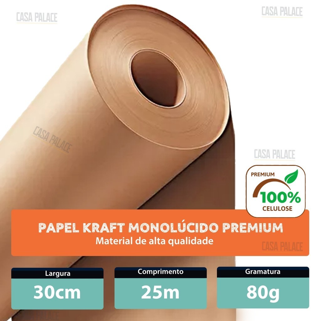 Papel Kraft 80g Com 30cm De Largura x 25 Metros Monolúcido Embalagem - Comércio E Embalagens