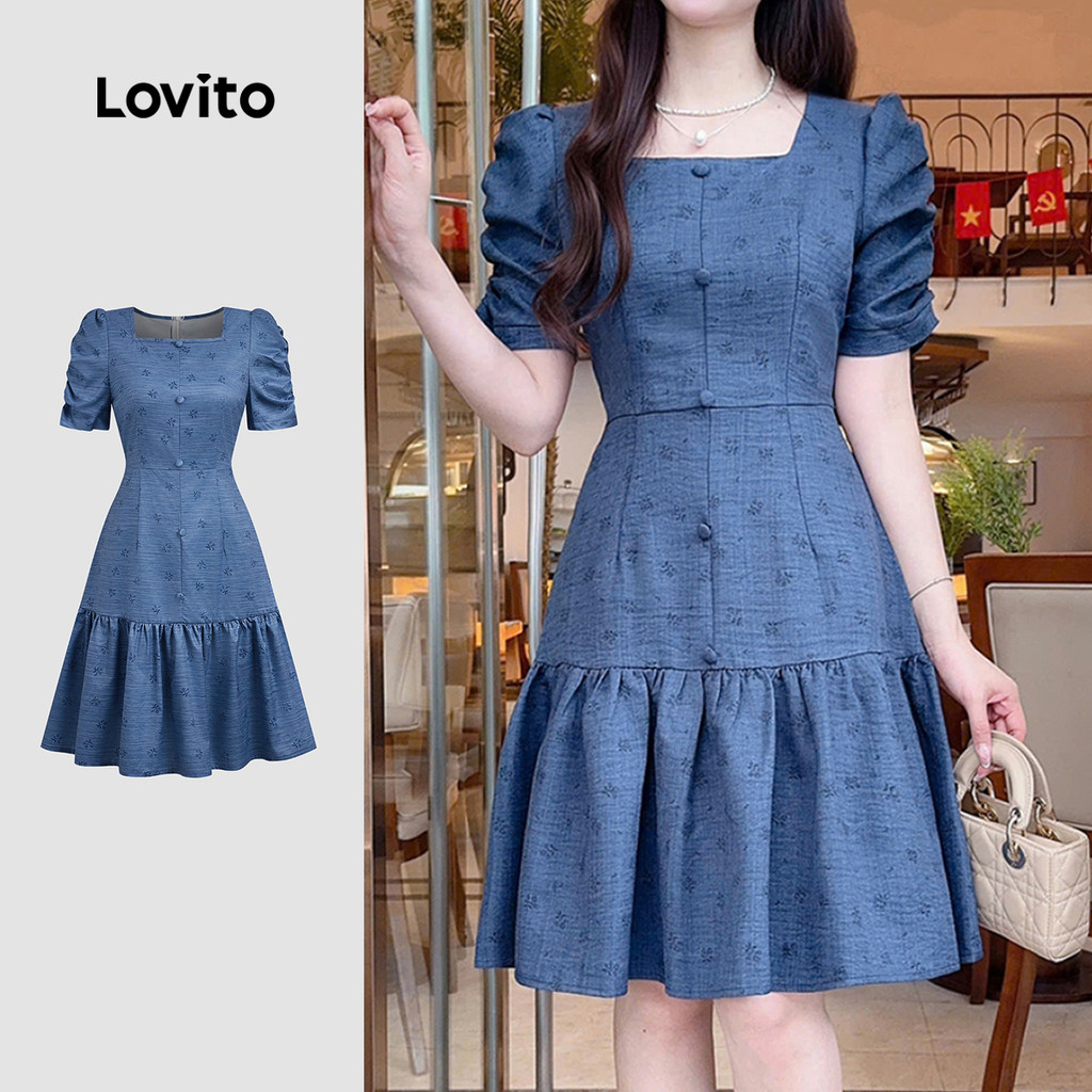 Lovito  Vestido Azul Primavera/verão Feminino Elegante com Babados e Flores Confortável e Estiloso L172ED280 em Oferta na Shopee