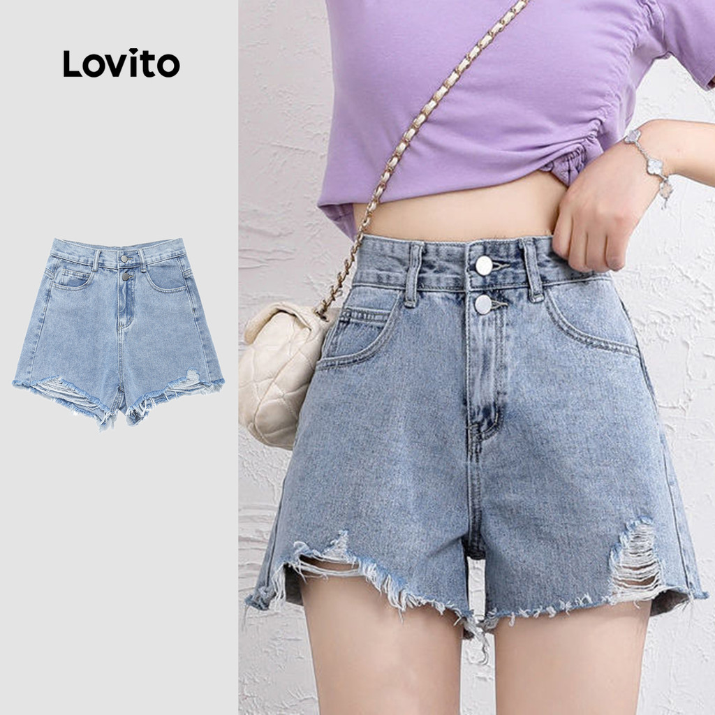 Lovito Shorts de Ganga Casuais Lavados com Zíper para Primavera/verão Shorts de Ganga Azul para mulheres LNE130035 em Oferta na Shopee