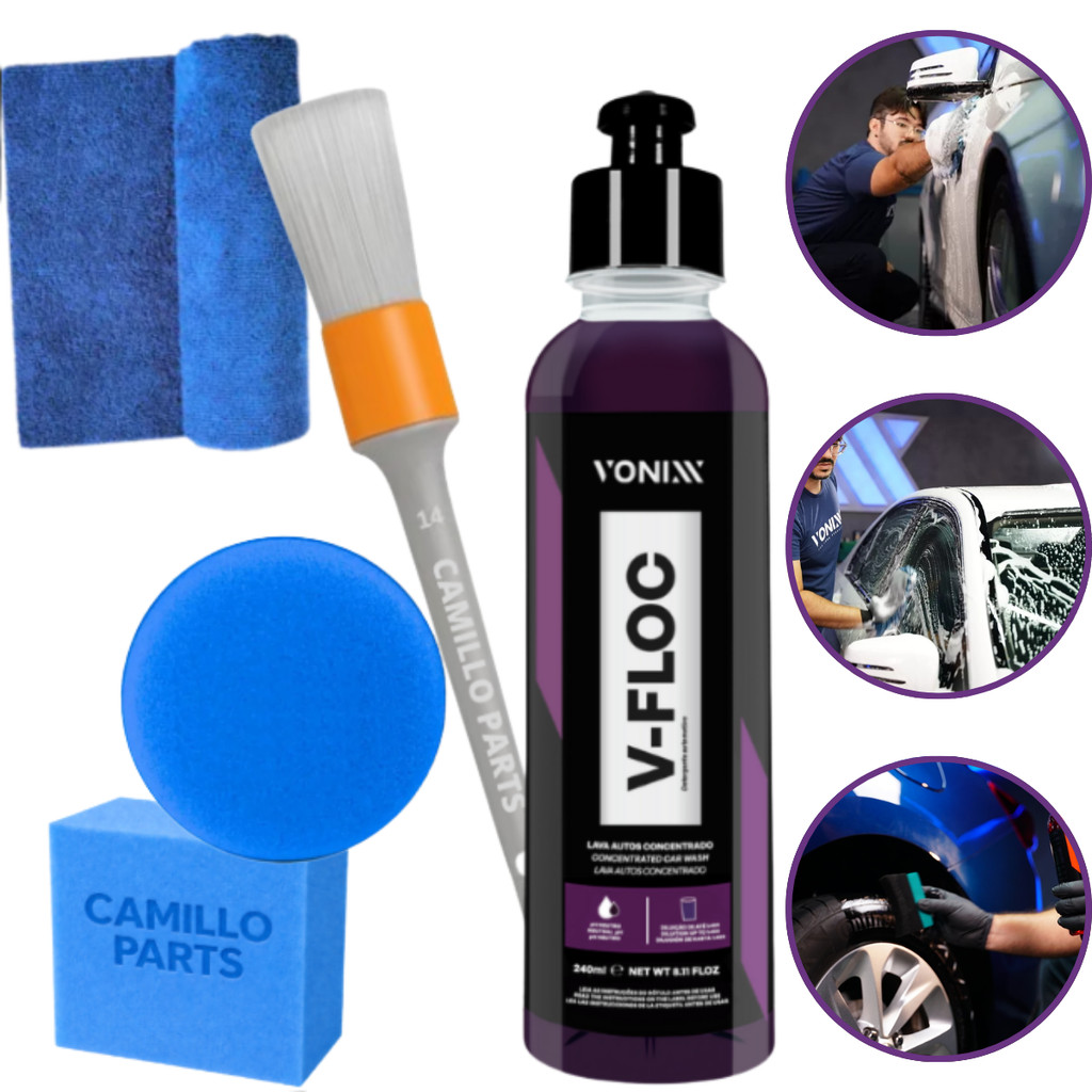 Kit V-Floc 240ml Vonixx Lava Autos + Pincel, Aplicador Espuma e Pano Microfibra