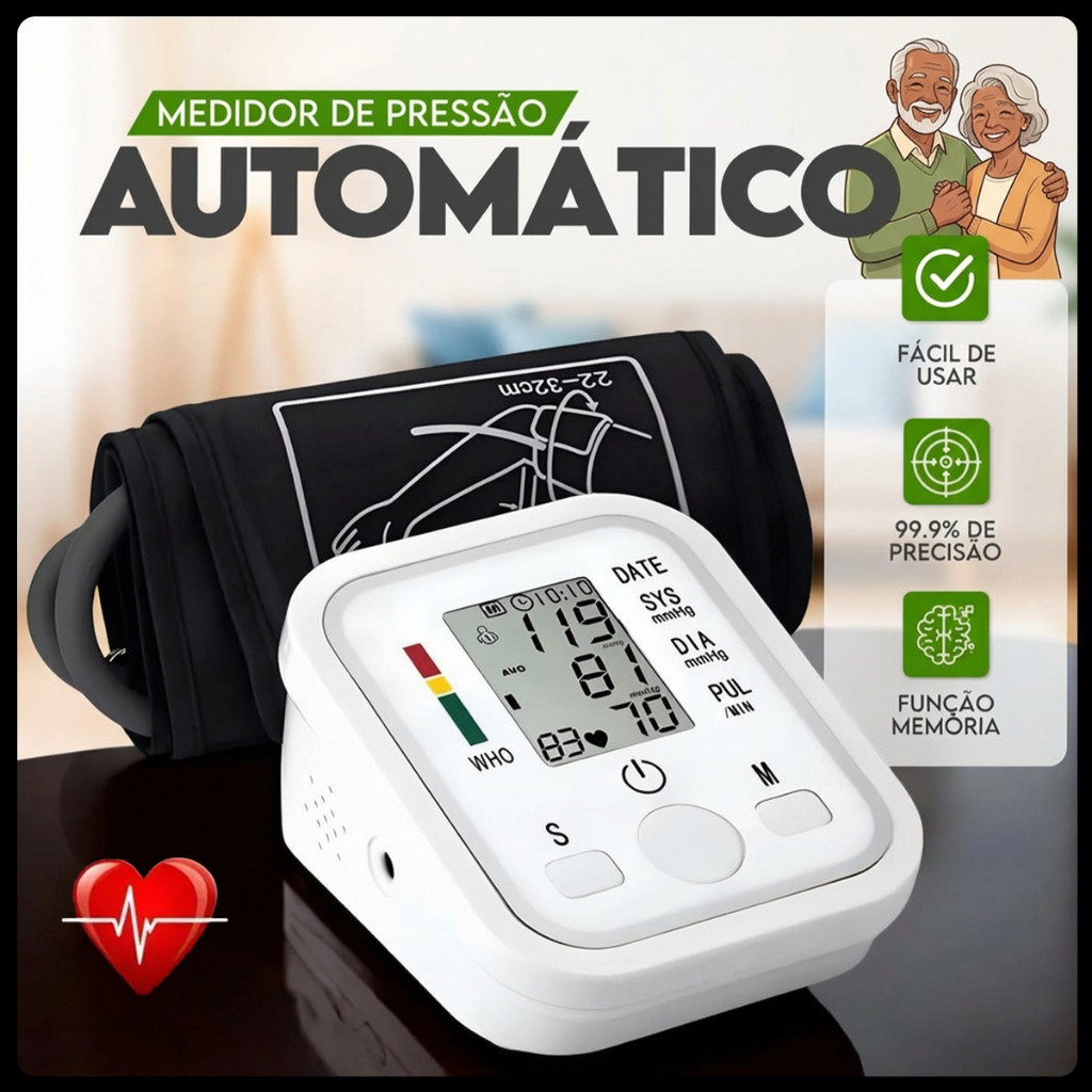 Medidor de Pressão Digital Automático com Tela LCD e Memória Recarregável em Oferta na Shopee