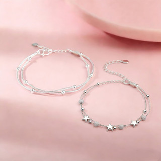 Kit2 pulseiras femininas banhadas a prata de S925 incluindo uma pulseira em formato de estrela e uma pulseira de contas