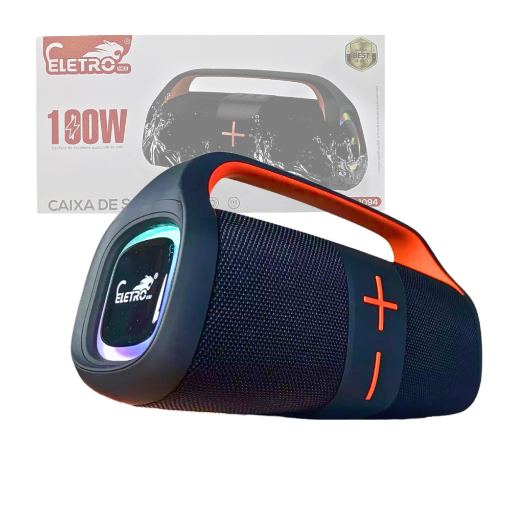 Caixa de Som Bluetooth Portátil À Prova D'agua 100W BASS LED TWS Eletromex Com Alça RGB Portatil