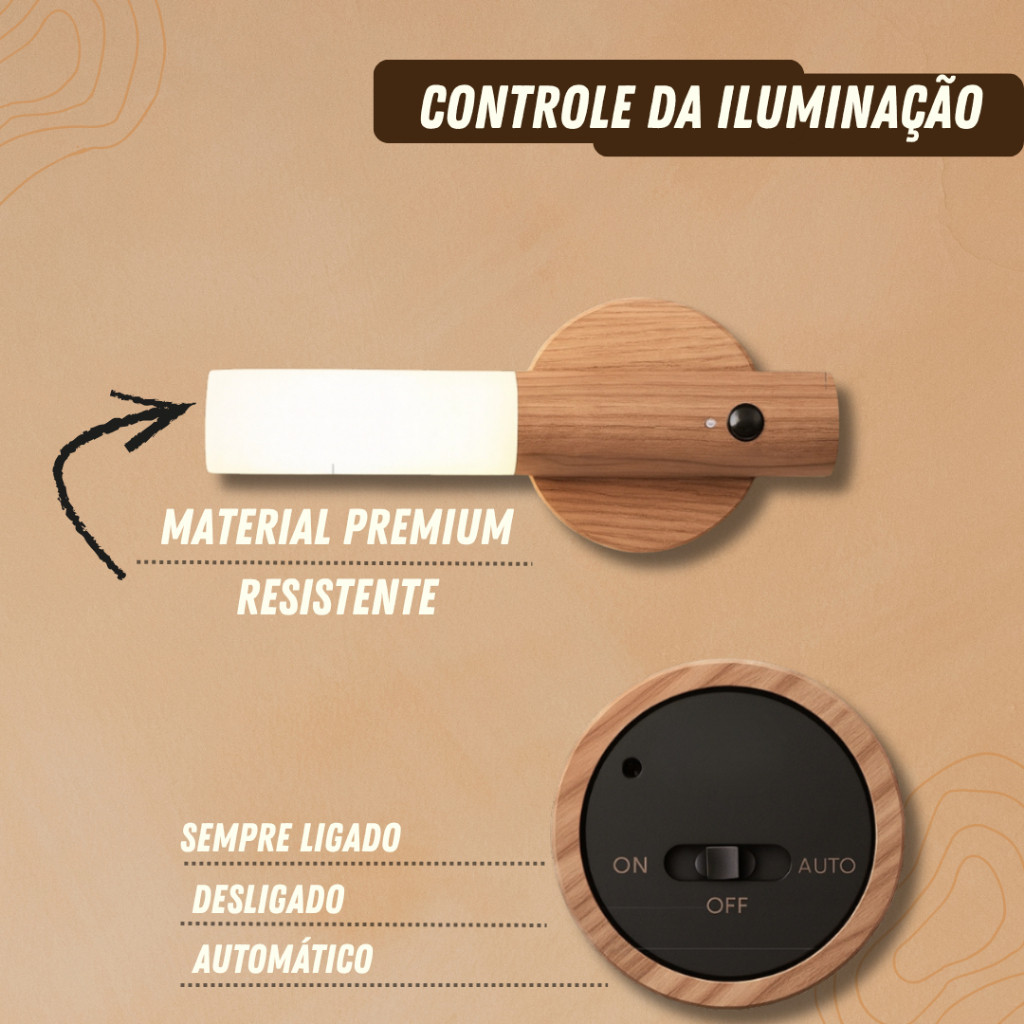 Luminaria Luz Led Recarregável Sensor de Movimento Arandela de Madeira Minimalista Para Mesa Parede