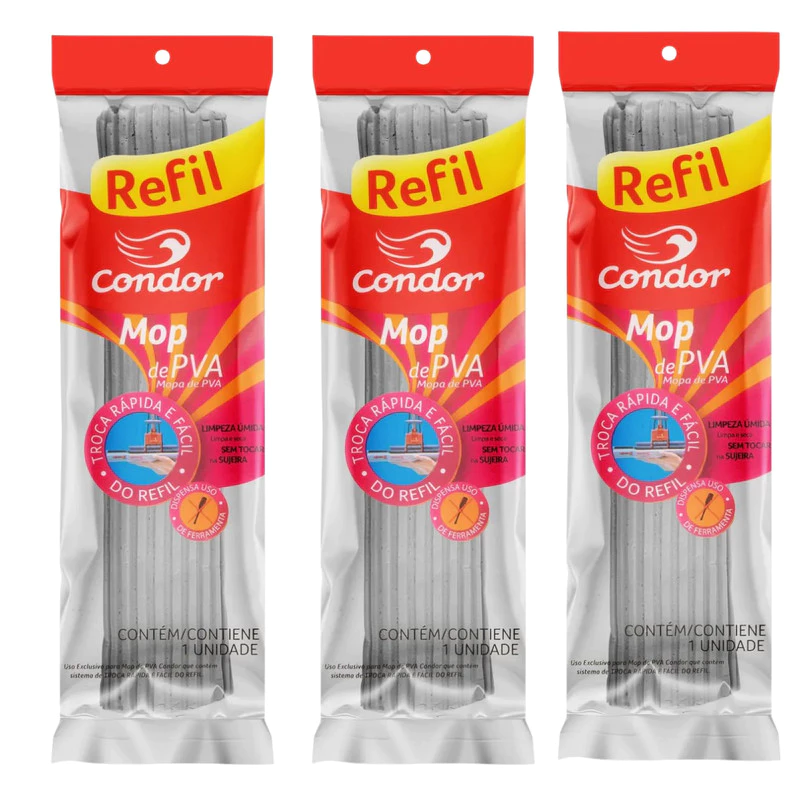 KIT 3 REFIL MOP PVA CONDOR ORIGINAL RODO MÁGICO LAVA E SECA TODOS OS TIPOS DE PISOS