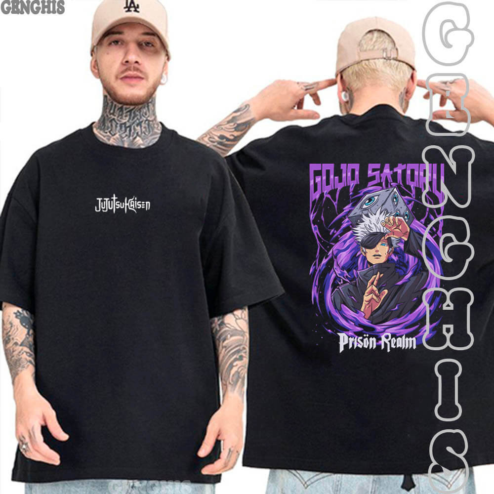 Camiseta Gojo Reino Da Prisao Feiticeiro Jujutsu Kaisen Manga Camisa Anime Unissex Oversized Basica e Plus Size
