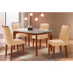 Sala de Jantar Completa Londrina Tampo Madeirado c/ Vidro Reto 120x80 e 4 Cadeiras Londrina Imbuia/Suede Creme - Rufato