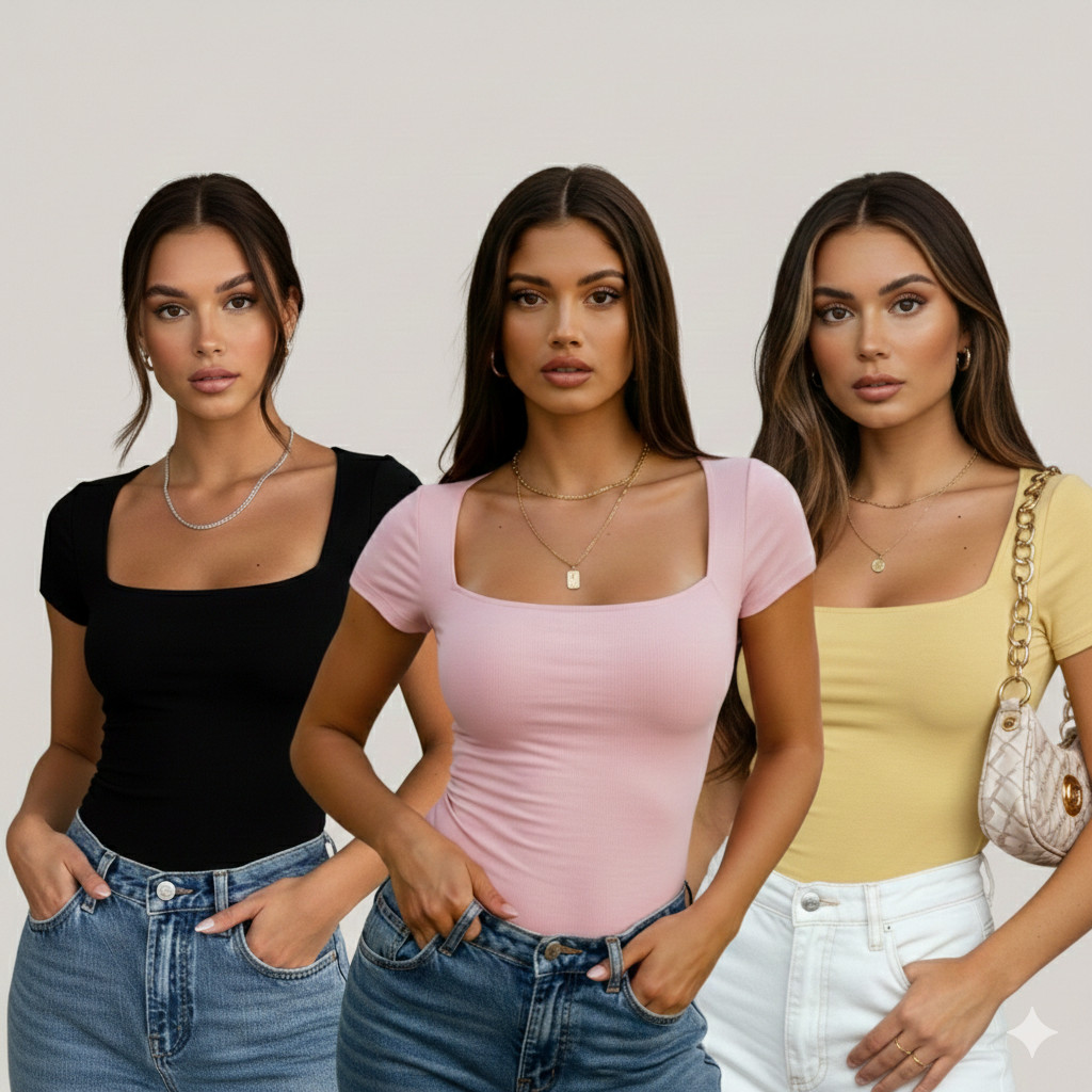 Kit com 3 Blusinhas Básica Manga Curta Suplex Baby Look Blusa com Decote Quadrado Várias Cores