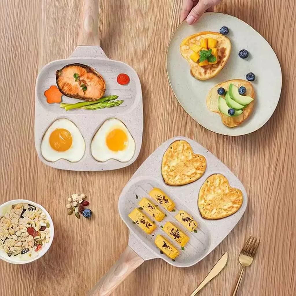 Frigideira 3 em 1 Antiaderente com Divisórias Omelete, Ovos e Hambúrguer Cabo Madeira