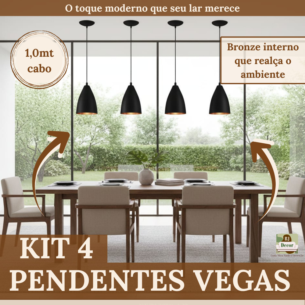 Kit 4 Pendente Luminária Vegas Preta | Luminária Pendente Moderna para Balcão e Cozinha