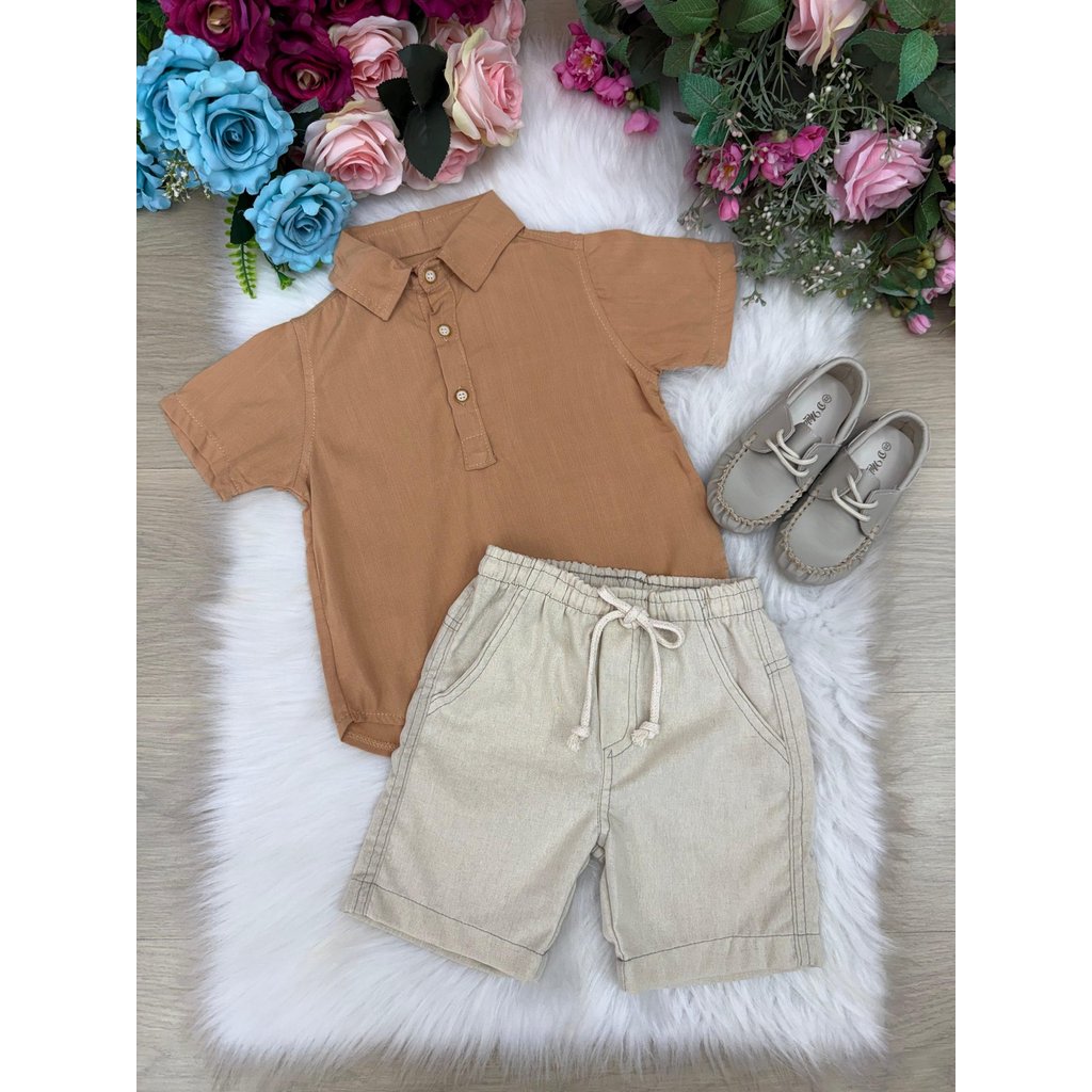 Conjunto Meninos Lucas Banana Club Shorts Camisa Marrom