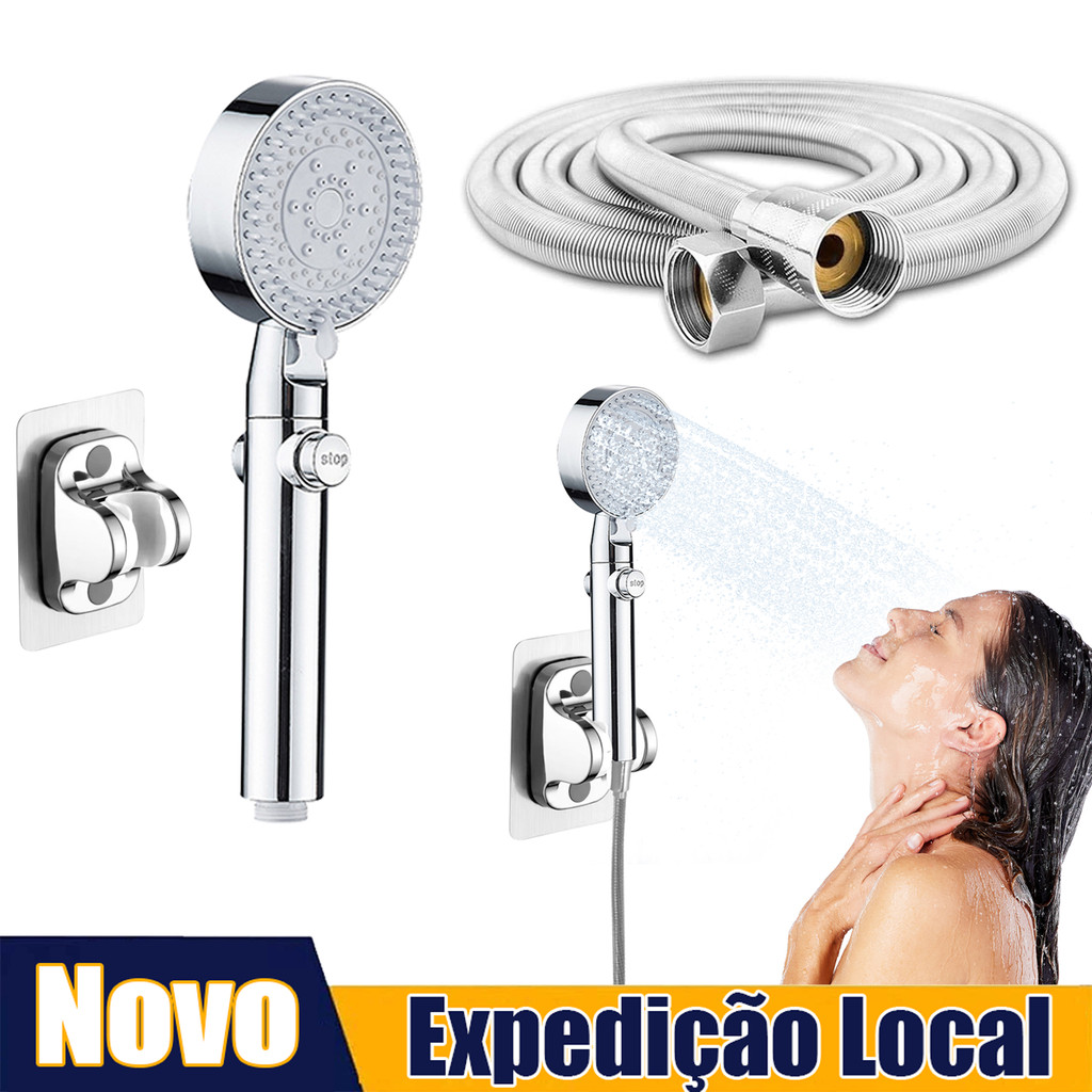 Cabeça de chuveiro + mangueira de aço inox + base sem punção, com botão de pausa, pode ser instalada por você mesmo