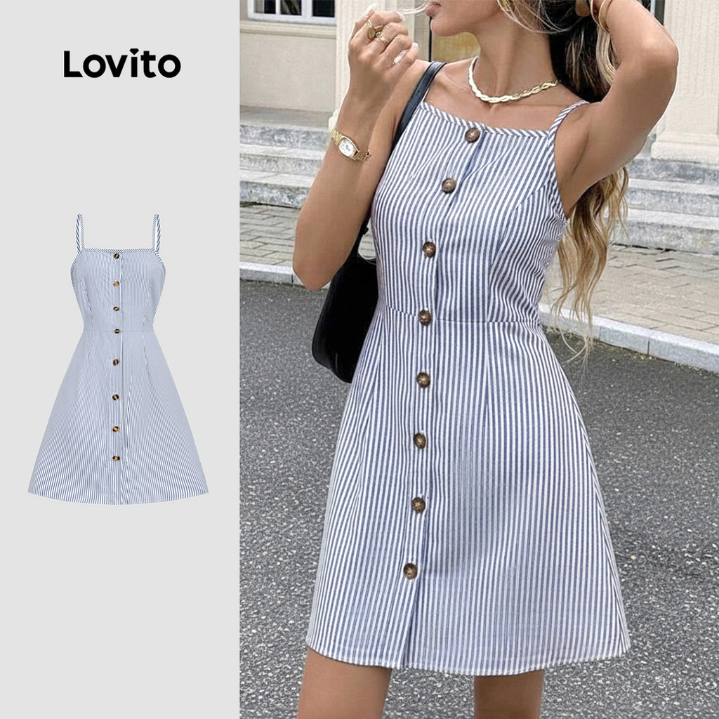 Lovito Vestido Casual Botão Frontal Clássico e Versátil Primavera/verão Azul para Mulheres. LBL33022
