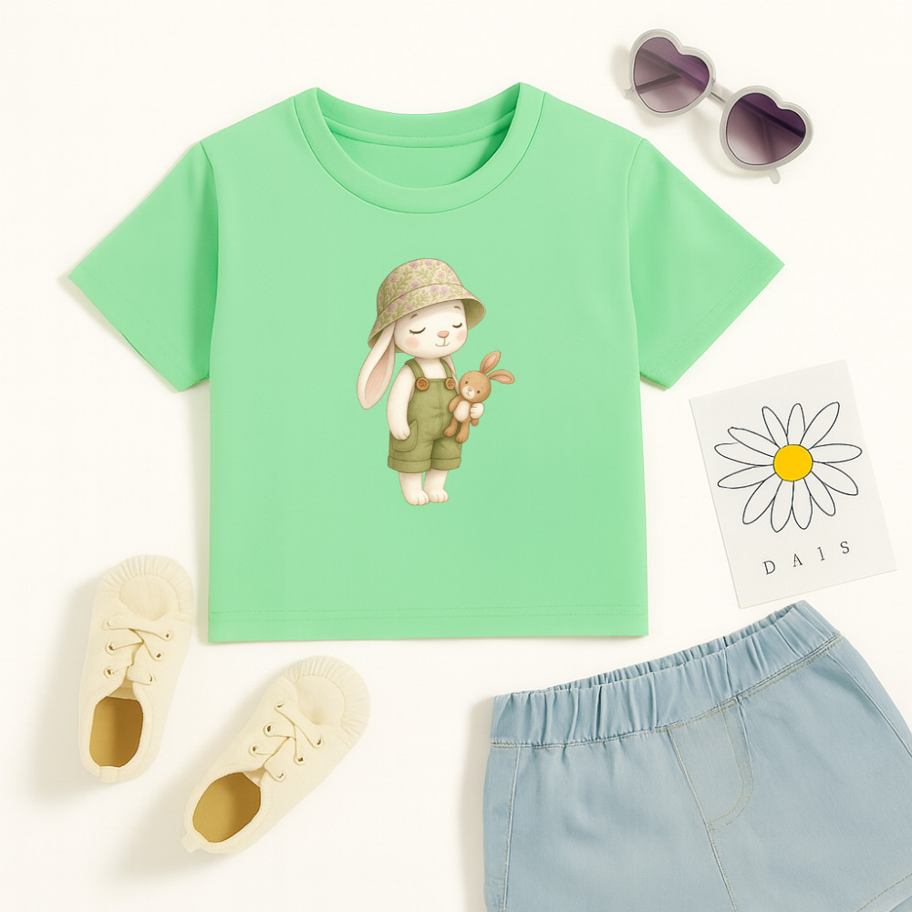 Camiseta Algodão Infantil Estampado Coelhinha Chapéu 946 Blusinha Feminina Fofa Delicada Confortável