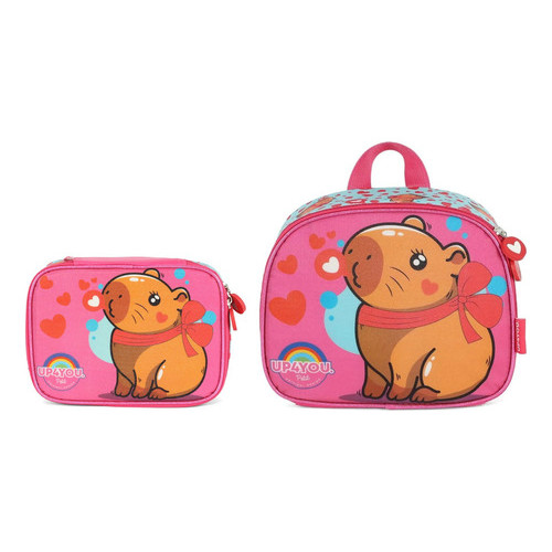 Kit Estojo Box E Lancheira Escolar Menina Capivara Up4you Rosa Capivara